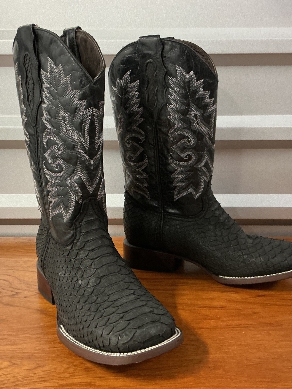 JW Ranch Western Exotic Black Leather Cowboy Boots Square Toe Mens 10